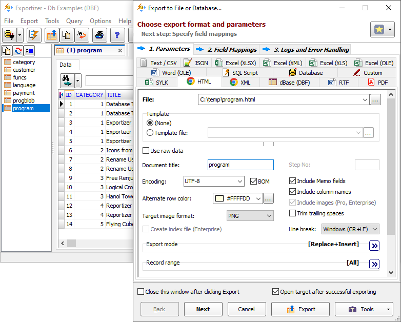 Database export tool