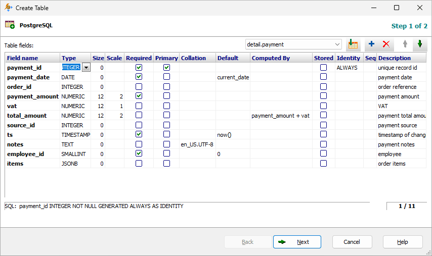 Defining table columns