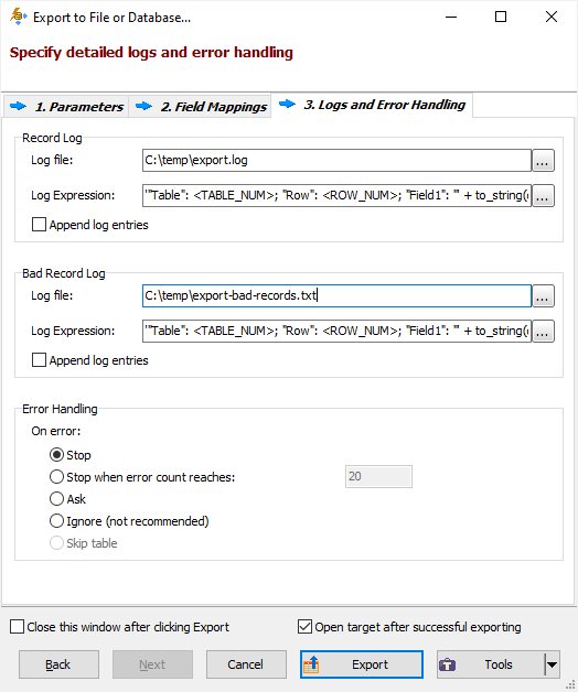 Export logs in Exportizer