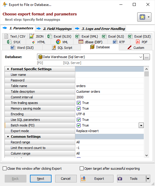 Exporting data to SQL Server database