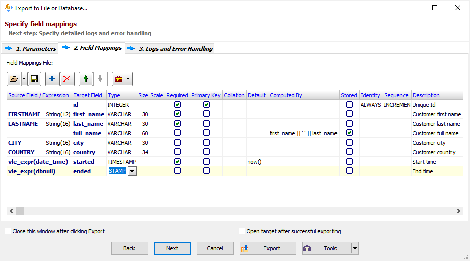 Editing column mappings for PostgreSQL database