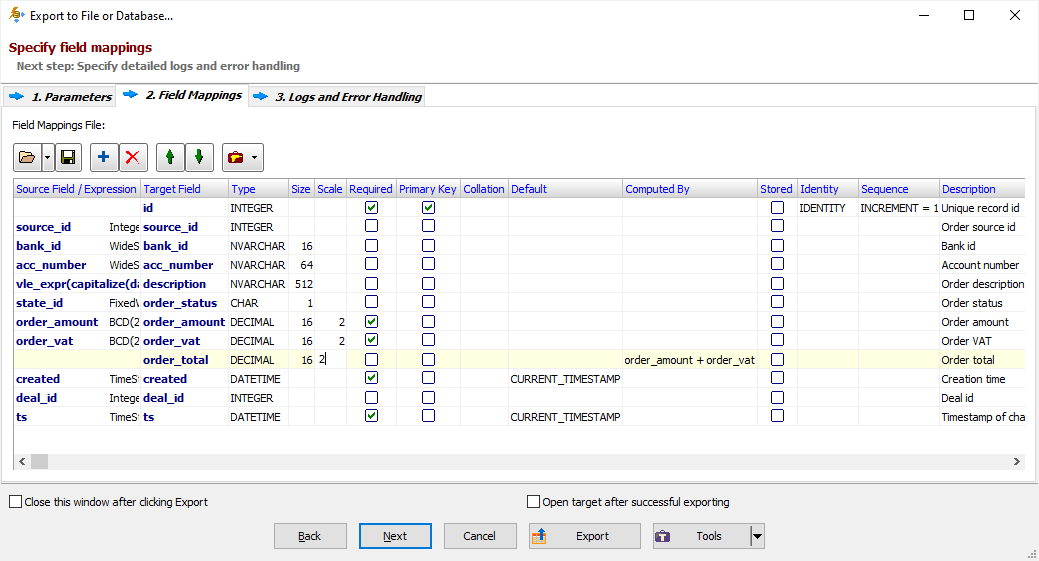 Editing column mappings for SQL Server database