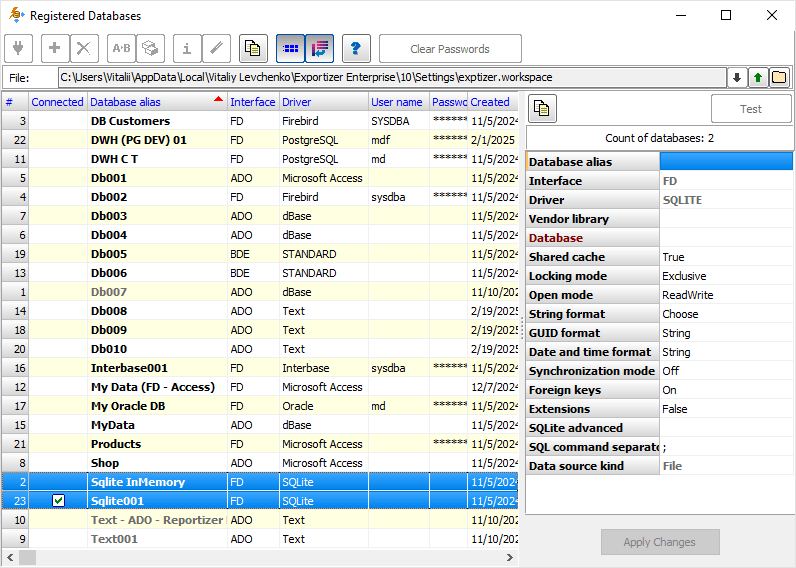 Registered databases in Exportizer (multiple selection)