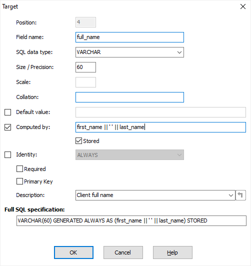 Editing target attributes of field mapping for PostgreSQL database