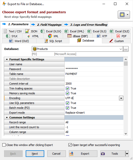 Example of Exporting Data to Access Database (Grid Interface) Exporting Data to Access Database Using Grid Interface