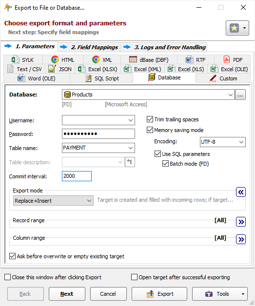 Exporting Data to Access Database