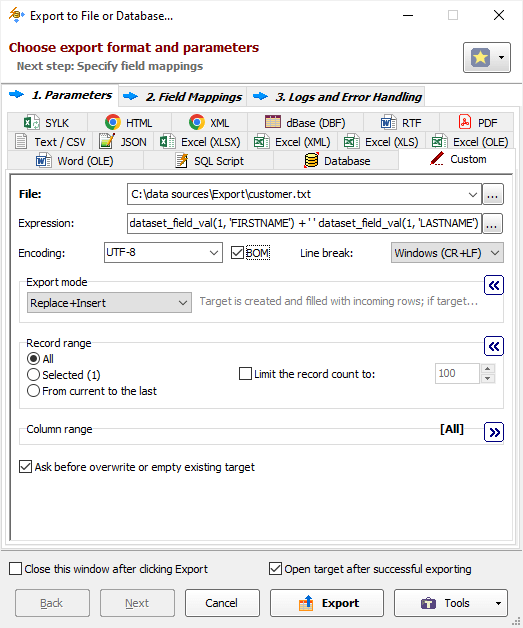 Exporting Data to Custom Format