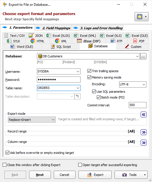 Exporting Data to Firebird Database