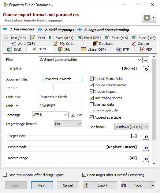 Example of Exporting Data to HTML Document (Classic Interface) Exporting Data to HTML Document