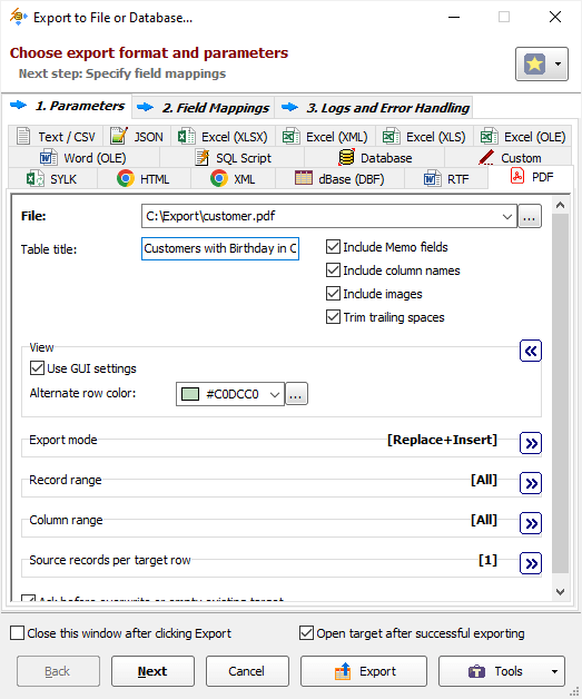 Example of Exporting Data to PDF Document Exporting Data to PDF Document