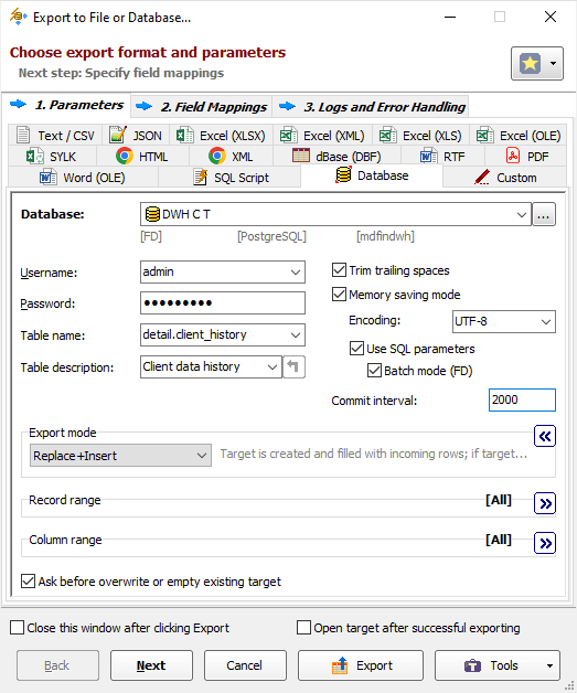 Exporting Data to PostgreSQL Database