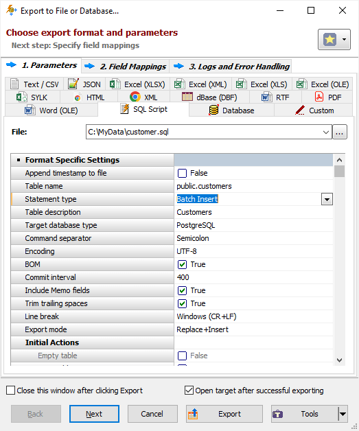 Example of Exporting Data to SQL Script (Grid Interface) Exporting Data to SQL Script Using Grid Interface