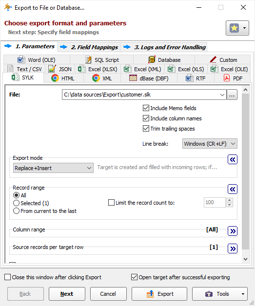 Example of Exporting Data to SYLK Exporting Data to SYLK