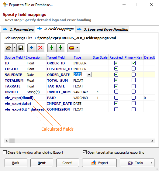 Example of dBase to Firebird Field Mappings Specifying Source-to-Target Field Mappings