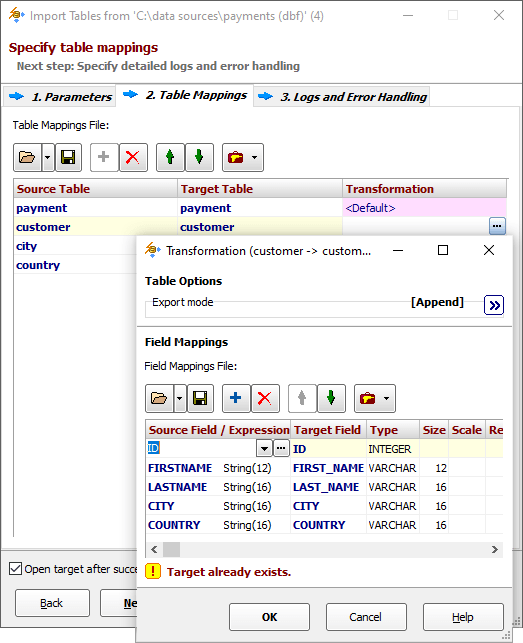 Example of DBF to SQLite Table and Field Mappings DBF to SQLite Table and Field Mappings