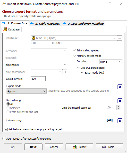 Import DBF to SQLite Options