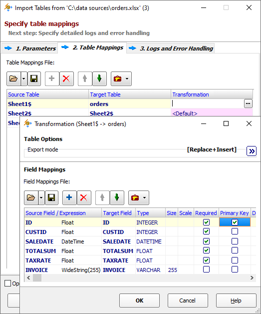 Excel to SQLite Table and Column Mappings